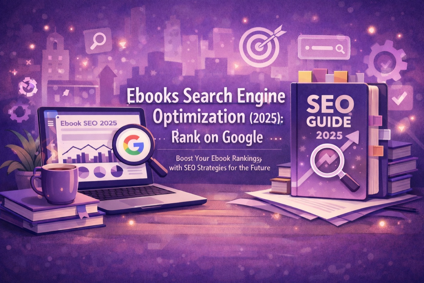 Ebook search engine optimisation illustration with analytics and search icons